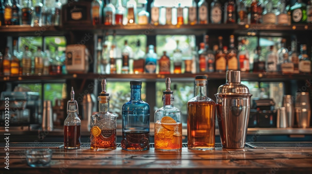 Professional cocktail tools and ingredients in glass bottles and jars for creative modern fashionable cocktails on wooden bar counter. Blurred bottles with alcoholic drinks on background. Professional cocktail tools and ingredients in glass bottles and jars for creative modern fashionable cocktails on wooden bar counter. Blurred bottles with alcoholic drinks on background.