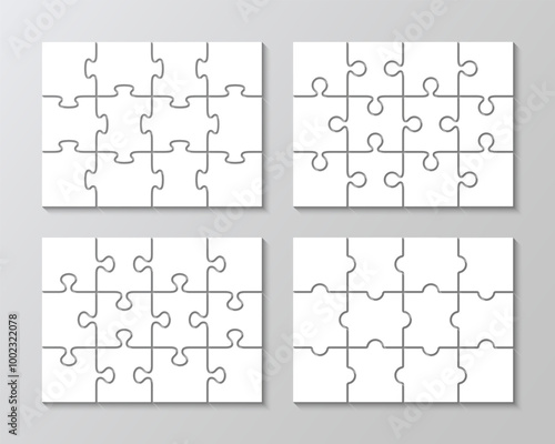Jigsaw infographics with 12 pieces. 4 puzzles set business chain infographic. Puzzle grid. Process diagram presentation. Business info graphic with steps, parts. Vector illustration