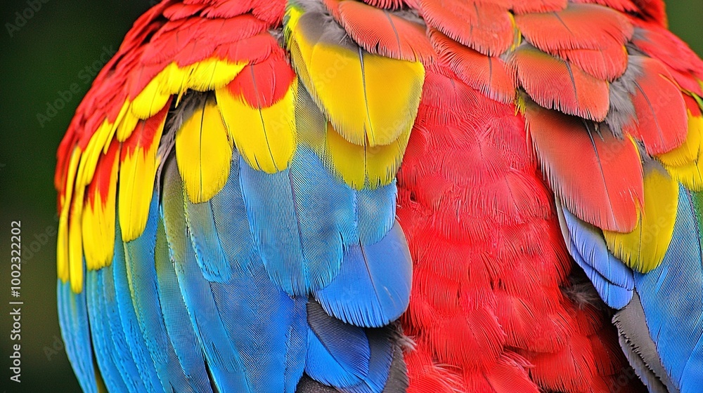Fototapeta premium A close-up of a multicolored parrot's feathers showcases the vibrant colors of its feathers, with shades of red, yellow, blue, and green