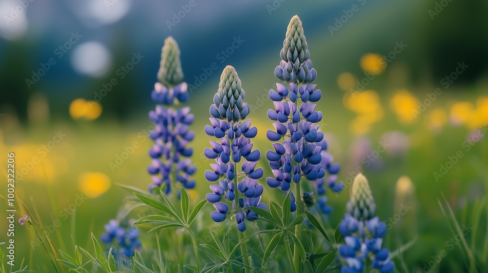 Purple lupine flowers bloom elegantly in a vibrant meadow during a sunny day in springtime Purple lupine flowers bloom elegantly in a vibrant meadow during a sunny day in springtime