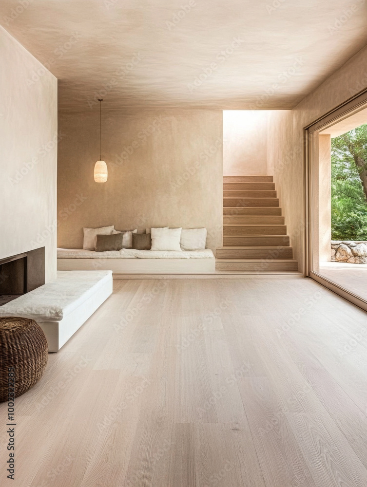Obraz premium Modern minimalist interior design featuring a spacious living room and staircase with natural light in a serene setting