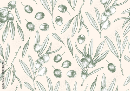 Seamless pattern with olive branches and berries, background with botanical hand drawn ornament. Vector illustration, vintage engraving.