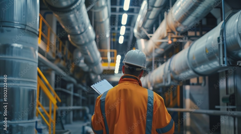 Imagine an engineer in blue overalls and white helmet, taking notes on his notepad while inspecting the main oil pipe . Imagine an engineer in blue overalls and white helmet, taking notes on his notepad while inspecting the main oil pipe .
