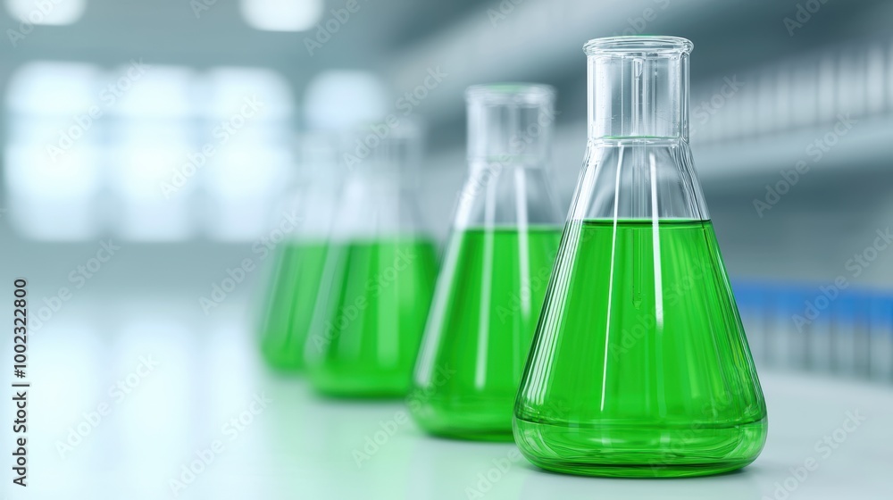 Green Liquid in Laboratory Flasks Green Liquid in Laboratory Flasks