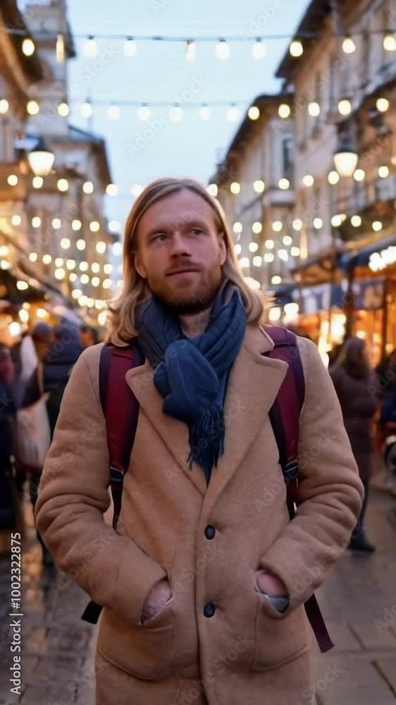 A young male traveler walks through a bustling tourist market in winter. A young male traveler walks through a bustling tourist market in winter.