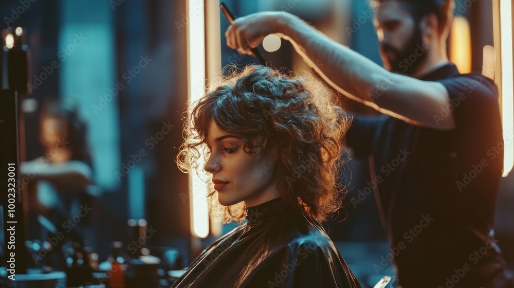 A hairstylist combs the curly hair of a woman in a salon. A hairstylist combs the curly hair of a woman in a salon.