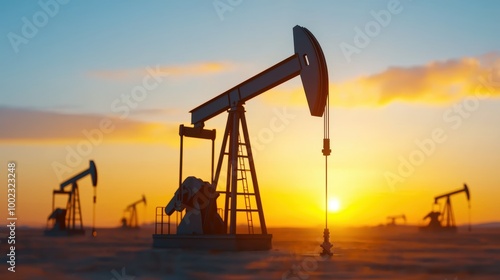 Sunset over Oil Pumps in a Desert Landscape