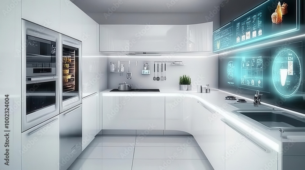 Modern kitchen with smart appliances and holographic recipe displays Futuristic Minimalist High Detail Modern kitchen with smart appliances and holographic recipe displays Futuristic Minimalist High Detail