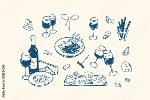Wine and poetisers minimalist handwriting vector illustrations set. La Dolce Vita. Brie, camembert, roquefort, parmesan cheese, salami, jamon charcuterie board and platte. Summer Italian picnic