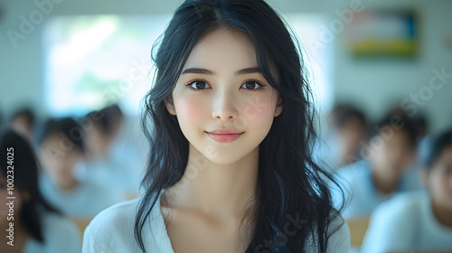 A Smiling Young Thai Woman in School Uniform Stands Proudly in a Lively Outdoor Setting, Embodying the Spirit of Youth and Education, with Her Bright Smile and Energetic Presence, Reflecting the Joy a