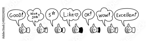 Positive expressions speech bubbles. Thumb up cute line doodle icon. Nice job, excellent, five star rate, wow, ok, like text. Social media post evaluation. Followers emotions