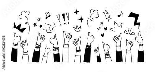 Raising hands with thumb up doodle background. Birthday celebration, music festival, corporate event poster. Crayon scribbles