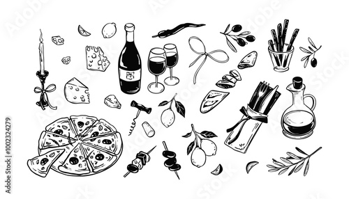 Summer picnic food and wine vector illustrations set. Pizza, cheese plate, baguette, alcohol glass and bottle vintage minimalist sketch. La Dole Vita. Charcoal scribble. Restaurant, cafe menu design