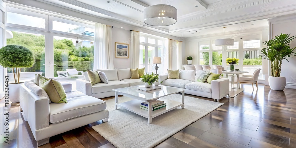 Bright white home interiors highlight contemporary furnishings and are flooded with natural light, resulting in an Bright white home interiors highlight contemporary furnishings and are flooded with natural light, resulting in an