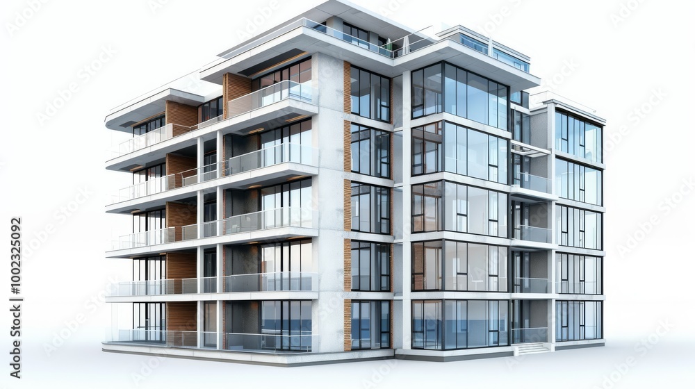 Modern Multi-Story Building Design Showcasing Large Glass Windows and Balconies in a Bright Setting Modern Multi-Story Building Design Showcasing Large Glass Windows and Balconies in a Bright Setting