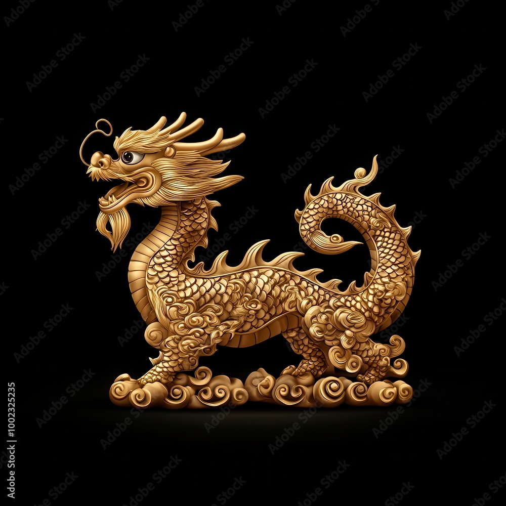 Fototapeta premium Golden dragon statue on black background