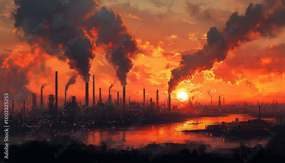 Industrial city skyline with smoke plumes and sunset. Industrial city skyline with smoke plumes and sunset.