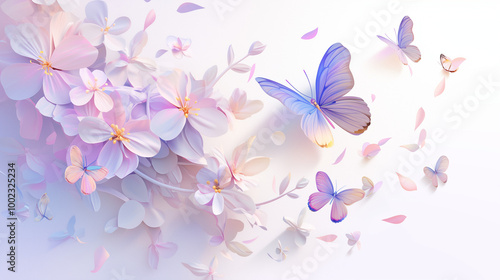 exuding a small and fresh aesthetic with glassy texture details, mid-air flight, accompanied by additional floating butterflies and scattered petals, perfect for high-definition mobile phone wallpaper photo