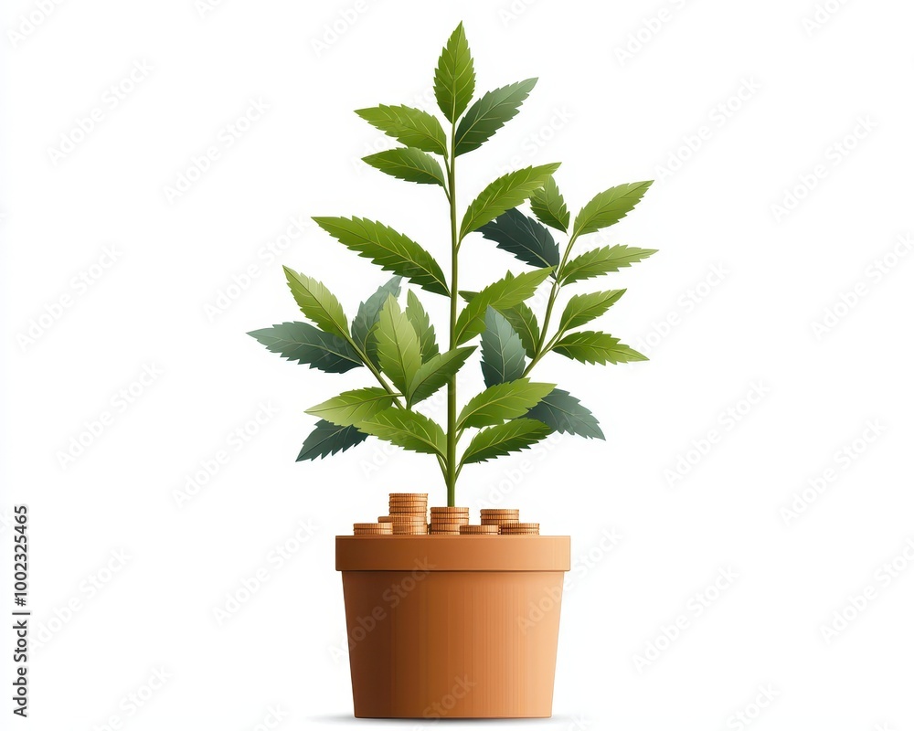 Green plant in a clay pot on white background Green plant in a clay pot on white background