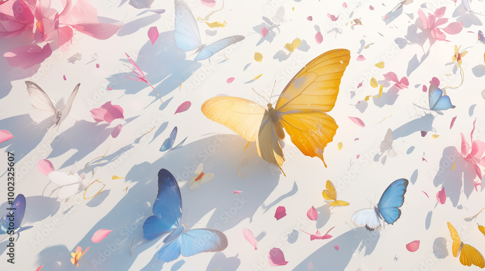 exuding a small and fresh aesthetic with glassy texture details, mid-air flight, accompanied by additional floating butterflies and scattered petals, perfect for high-definition mobile phone wallpaper exuding a small and fresh aesthetic with glassy texture details, mid-air flight, accompanied by additional floating butterflies and scattered petals, perfect for high-definition mobile phone wallpaper