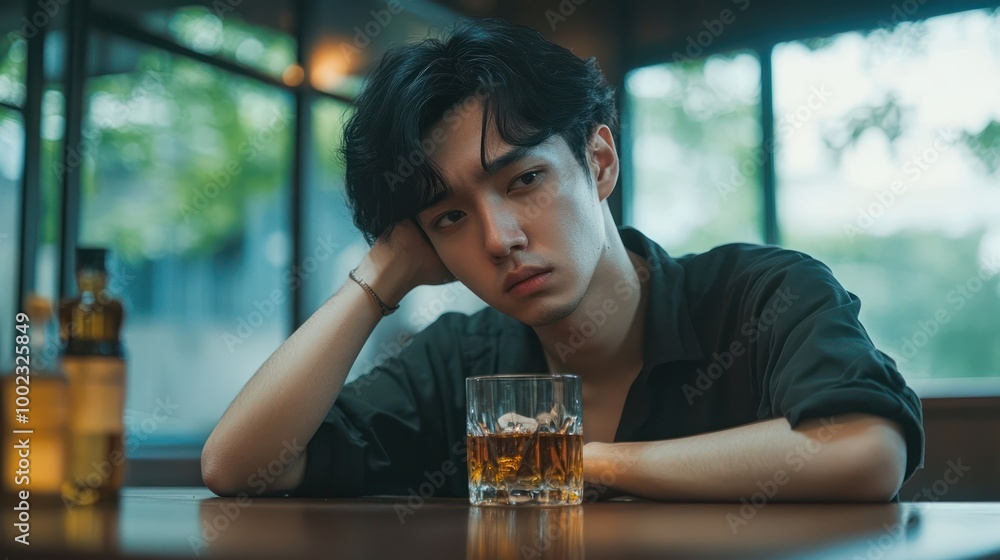 A young man sits at a table in a cafe with his chin resting on his hand, looking thoughtful. He has a glass of whiskey in front of him. A young man sits at a table in a cafe with his chin resting on his hand, looking thoughtful. He has a glass of whiskey in front of him.