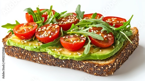 Delicious Open-Faced Sandwich With Avocado, Tomatoes, and Arugula on Whole Grain Bread