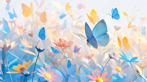 exuding a small and fresh aesthetic with glassy texture details, mid-air flight, accompanied by additional floating butterflies and scattered petals, perfect for high-definition mobile phone wallpaper photo