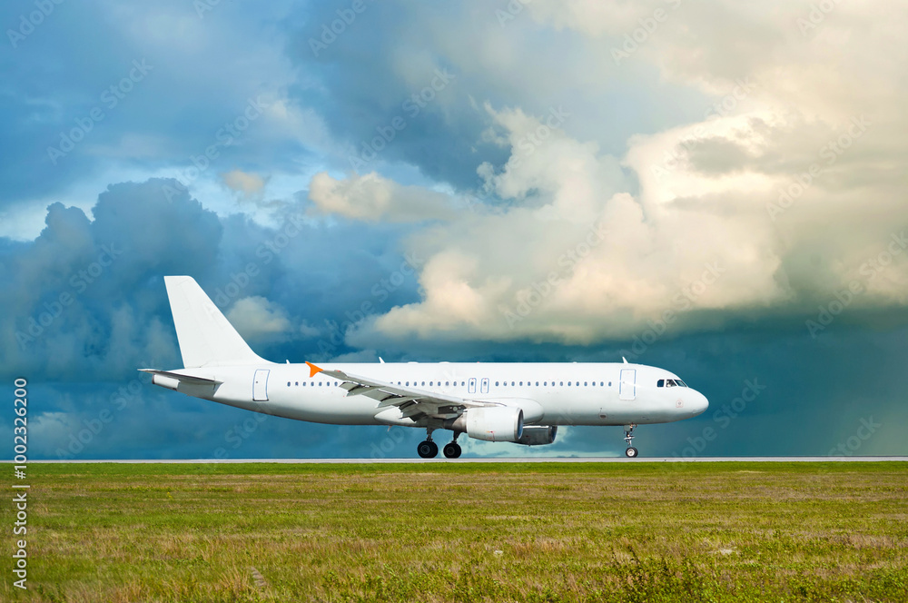 White airplane riding on the runway before or after flight. Closeup of white commercial airplane at the airfield, travel background with modern airplane with blank livery White airplane riding on the runway before or after flight. Closeup of white commercial airplane at the airfield, travel background with modern airplane with blank livery