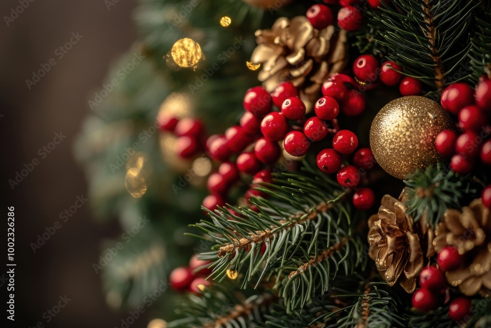 Close-up of festive Christmas wreath with red berries, gold pine cones, and ornaments Close-up of festive Christmas wreath with red berries, gold pine cones, and ornaments