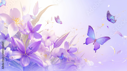 exuding a small and fresh aesthetic with glassy texture details, mid-air flight, accompanied by additional floating butterflies and scattered petals, perfect for high-definition mobile phone wallpaper