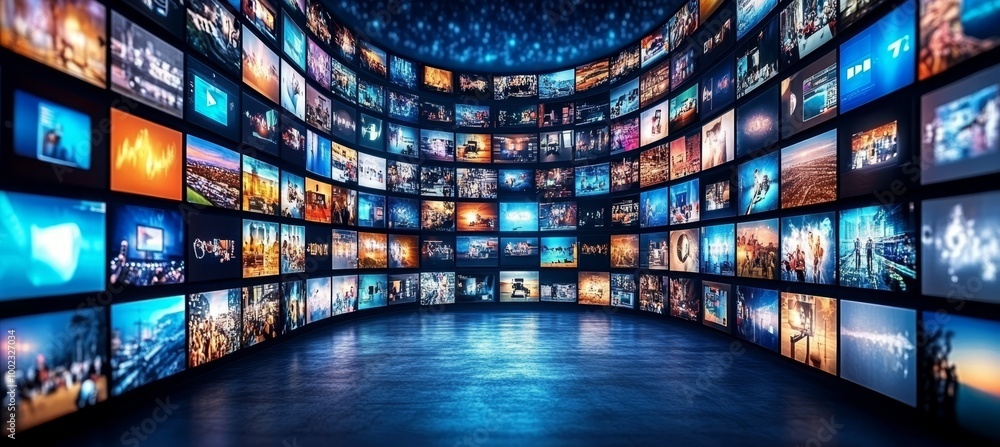 Multimedia Streaming Wall with Colorful Vibrant Channel Images Abstract Entertainment Background Multimedia Streaming Wall with Colorful Vibrant Channel Images Abstract Entertainment Background