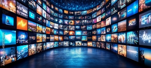 Obraz na płótnie Multimedia Streaming Wall with Colorful Vibrant Channel Images Abstract Entertainment Background w salonie