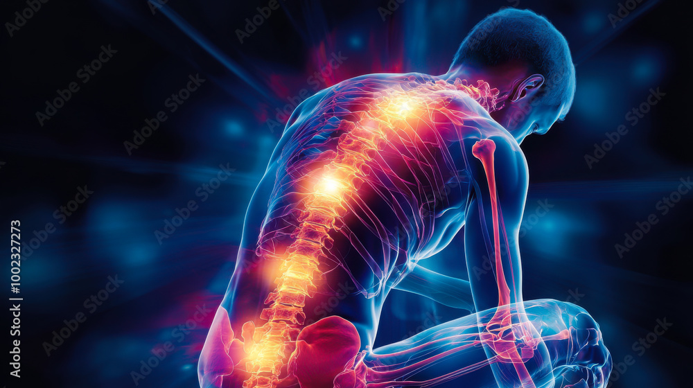 Digital visualization of a human spine showing nerve activity and pain areas in a dark background Digital visualization of a human spine showing nerve activity and pain areas in a dark background