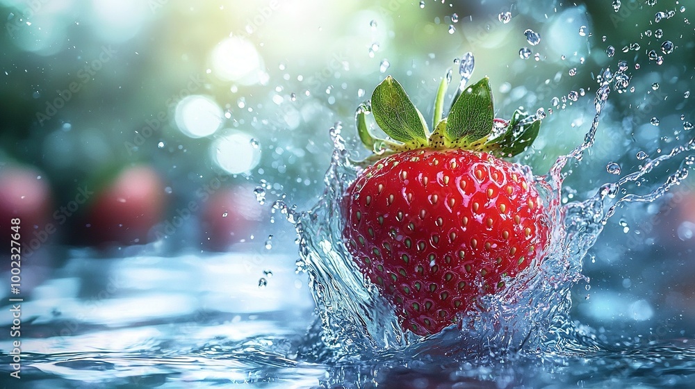 A strawberry splashing into the water with a green leaf on top and bottom A strawberry splashing into the water with a green leaf on top and bottom