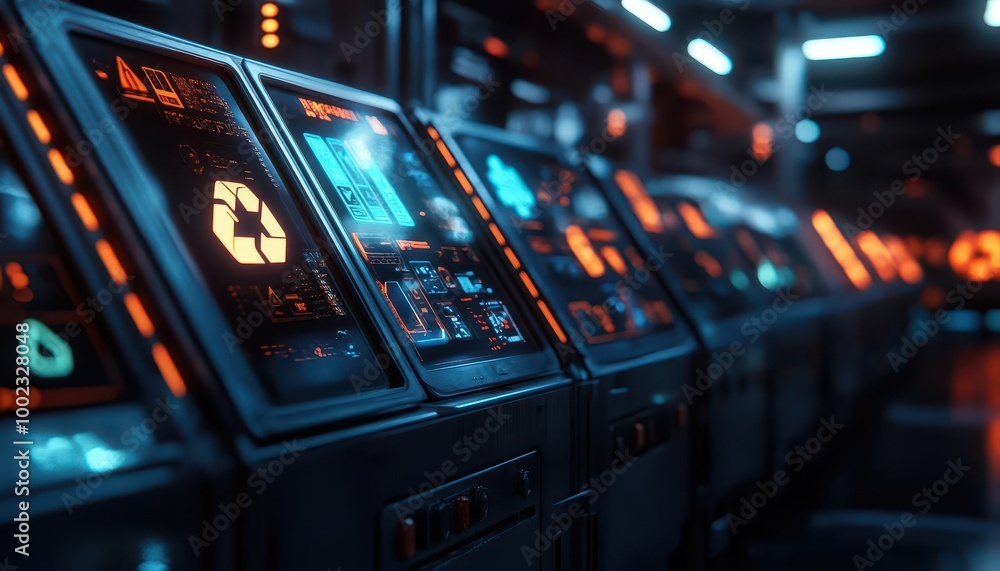 Obraz premium Recycling station with glowing holographic waste sorting displays in a futuristic city Futuristic Hologram Eco-Friendly