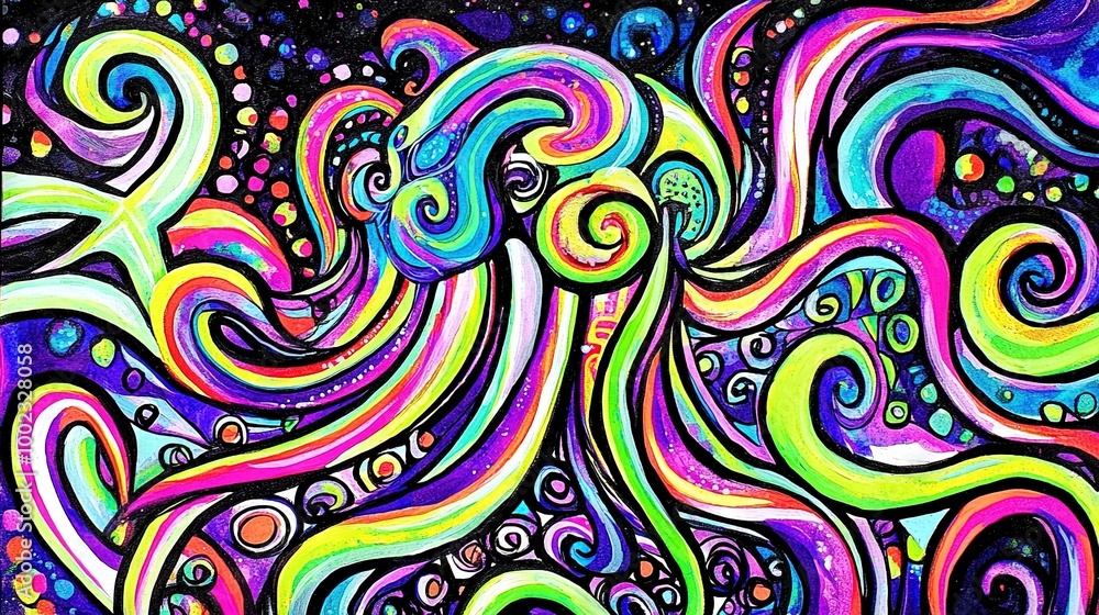 A vibrant swirl and bubble painting on a dark canvas with a luminous white dot at its center A vibrant swirl and bubble painting on a dark canvas with a luminous white dot at its center