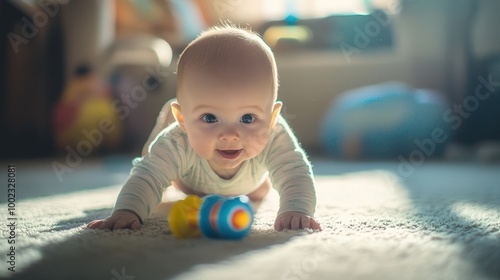 A joyful baby crawling on a soft carpet, exploring the world with a colorful toy, radiating happiness in a cozy home environment.