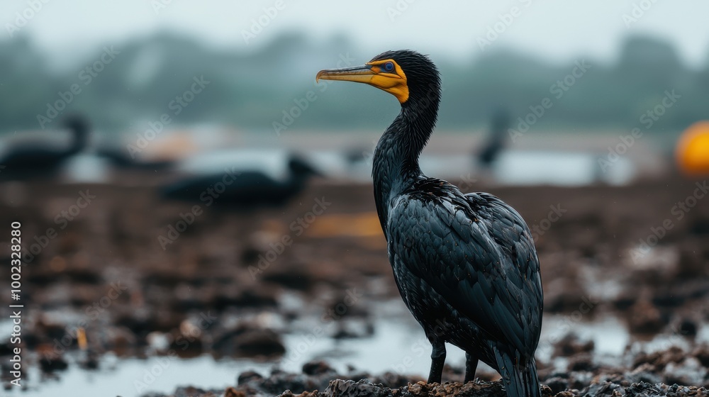 Obraz premium Cormorant on a Wetland Shoreline in Foggy Weather