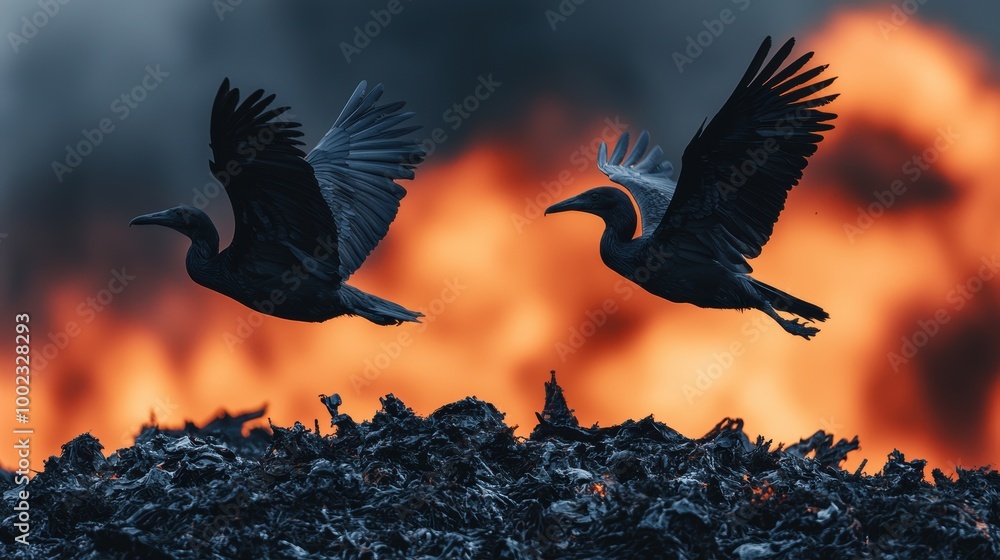 Fototapeta premium Birds in Flight Over Flaming Waste Site