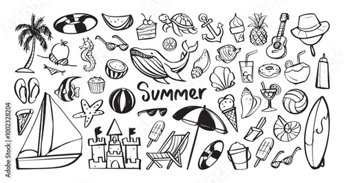 Summer themed elements with beach ball, sailboat, ice cream, and sea creatures. Vector cartoon illustration