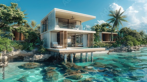 A minimalist stilt house made from light beige limestone, set against the blue waters. The house stands elegantly on sturdy wooden stilts, with a tropical garden lush with greenery surrounding it.