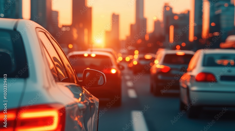 Sunset Traffic in Urban Cityscape with Glowing Sky Sunset Traffic in Urban Cityscape with Glowing Sky