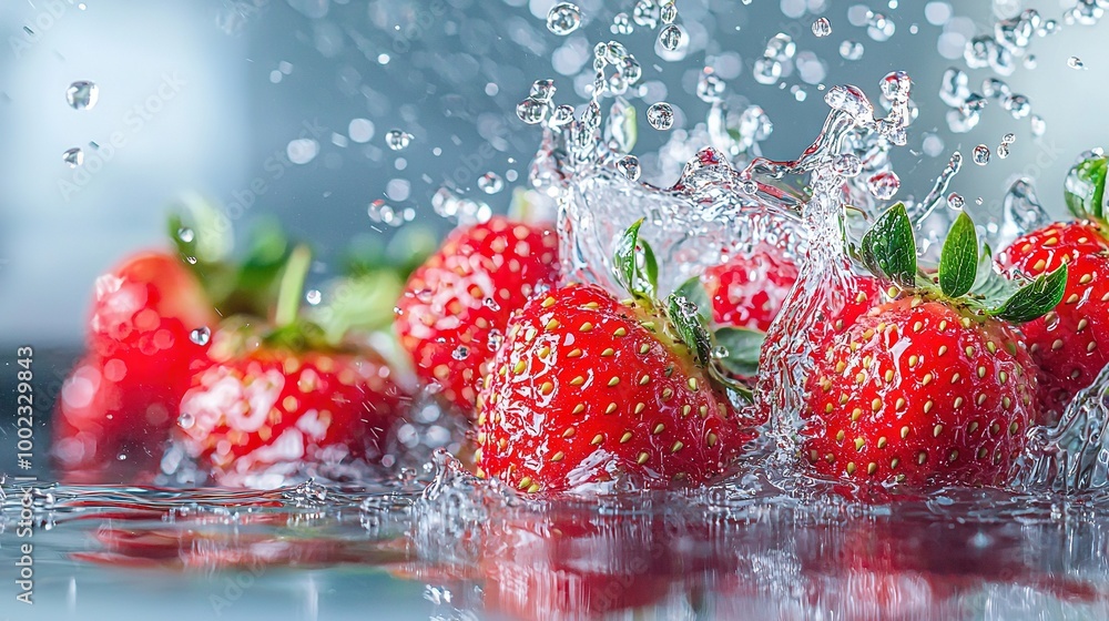 A group of strawberries splashed into a glass of water, topped with a splash of water A group of strawberries splashed into a glass of water, topped with a splash of water