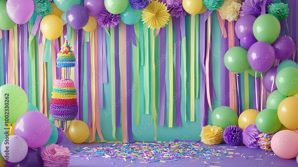 Φωτογραφία A birthday cake with balloons, streamers, and surrounded by greenery on a purp