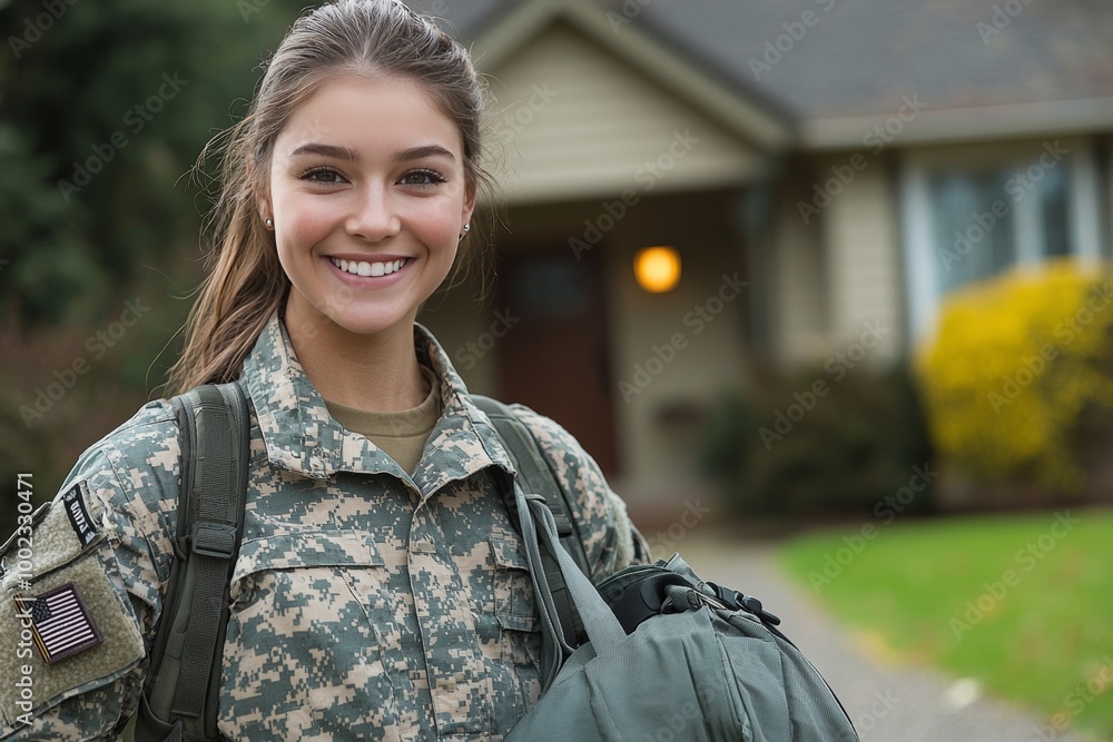 Fototapeta premium Joyful Reunion: Female Soldier Returns Home After Serving Her Country