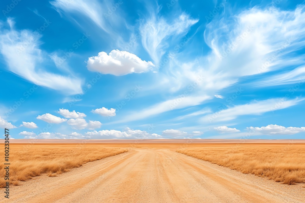 Vast open landscape with blue skies and wispy clouds over golden fields. Vast open landscape with blue skies and wispy clouds over golden fields.