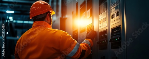 Worker adjusting industrial equipment with orange safety gear in dimly lit environment. photo