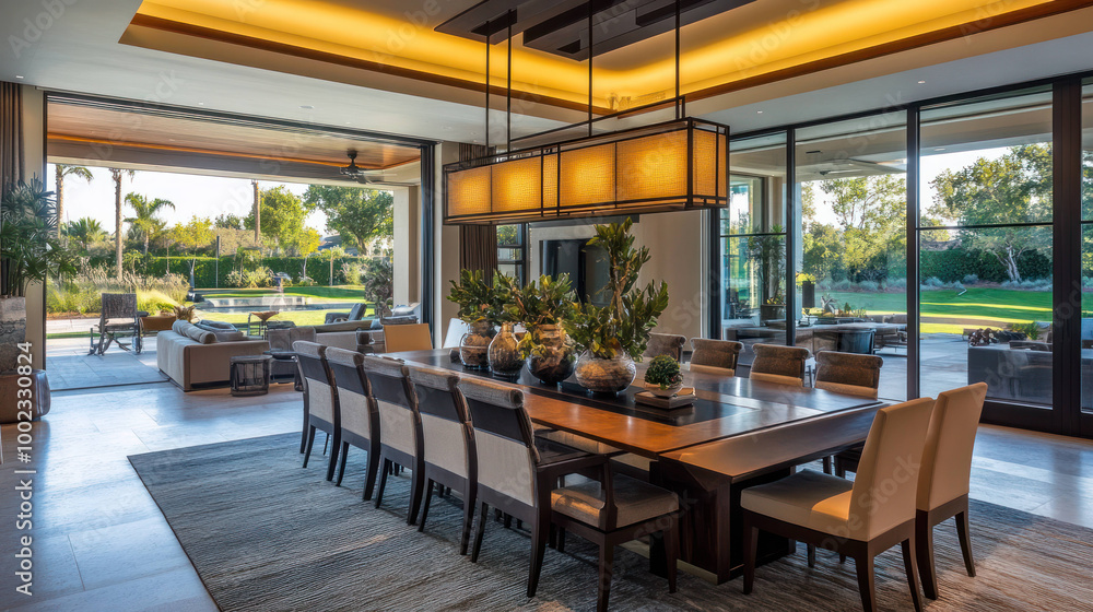 Luxurious dining room with large wooden table, elegant chairs, and modern decor. space features large windows that open to beautiful outdoor view, creating warm and inviting atmosphere Luxurious dining room with large wooden table, elegant chairs, and modern decor. space features large windows that open to beautiful outdoor view, creating warm and inviting atmosphere
