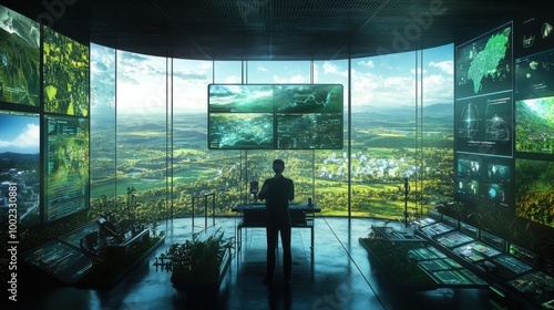 A climate change analyst monitors real-time environmental data in a high-tech control room with eco-friendly city views. Generative AI