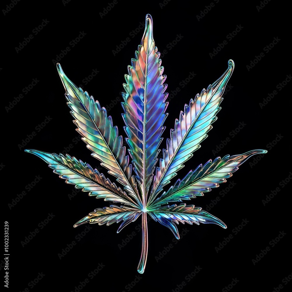 Iridescent Cannabis Leaf Against a Stark Black Background Showcasing Colorful Details and Textures Iridescent Cannabis Leaf Against a Stark Black Background Showcasing Colorful Details and Textures